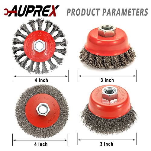 Image of AUPREX 4 Pack Wire Wheel & Cup Brush Set for 4 1 /2 Angle Grinder, 5 /8 inch-11 Threaded Arbor, Heavy Duty Carbon Steel Wire Brush for Rust Removal, Paint Stripping & Polishing, Fits Most Grinders