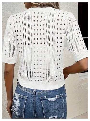 GORGLITTER Women's Summer Cardigans Lightweight Hollow Out Short Sleeve Button Down Knit Sweaters2