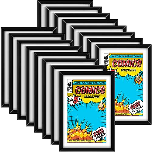 Image of Geetery 16 Pack Comic Book Frame UV Protection Magazine Picture Display Wall Mount Book Fit Current up to 6 3 /4 inch x 10 1 /4 inch Wall or Tabletop Display with Spring Clip Installed Hanger(Black (white Mat))