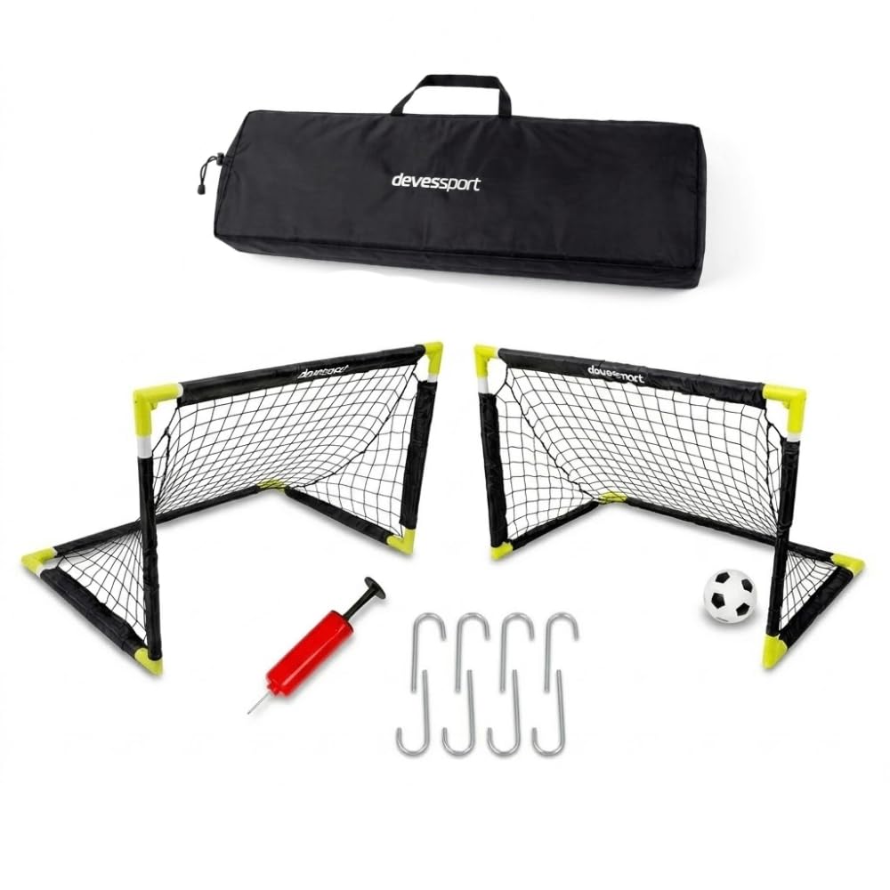 Devessport Set de 2 Mini Porterías de Fútbol para Niños, 90x60x60 cm | Incluye Balón, Inflador, Piquetas y Bolsa de Transporte | Porterías Plegables e Infantiles para Jardín, Exterior y Playa