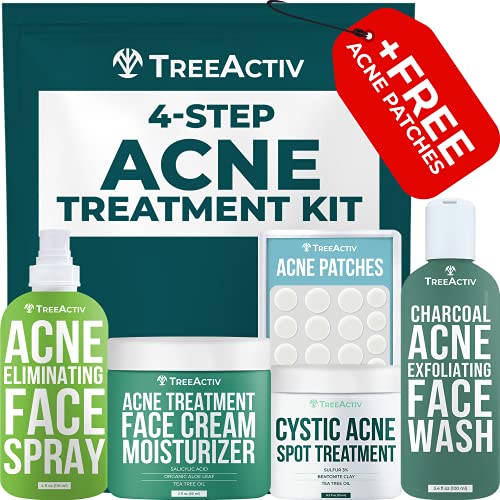 TreeActiv 4-Step Acne Treatment Kit | Sulfur Face Wash Exfoliant, Salicylic Acid Toner Spray, Tea Tree Zit Cream Facial Moisturizer, Bentonite Pimple Spot Clay + Bonus Blemish Patches | 60-Day Supply