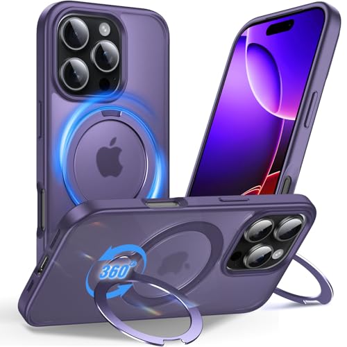 Anqrp 360° All-in-ONE Stand Case for iPhone 16 Pro Case with Rotatable Magnetic Kickstand Ring Holder, Compatible with MagSafe, MIL-Grade Shockproof iPhone 16 Pro Phone Case Cover 6.3" Deep Purple