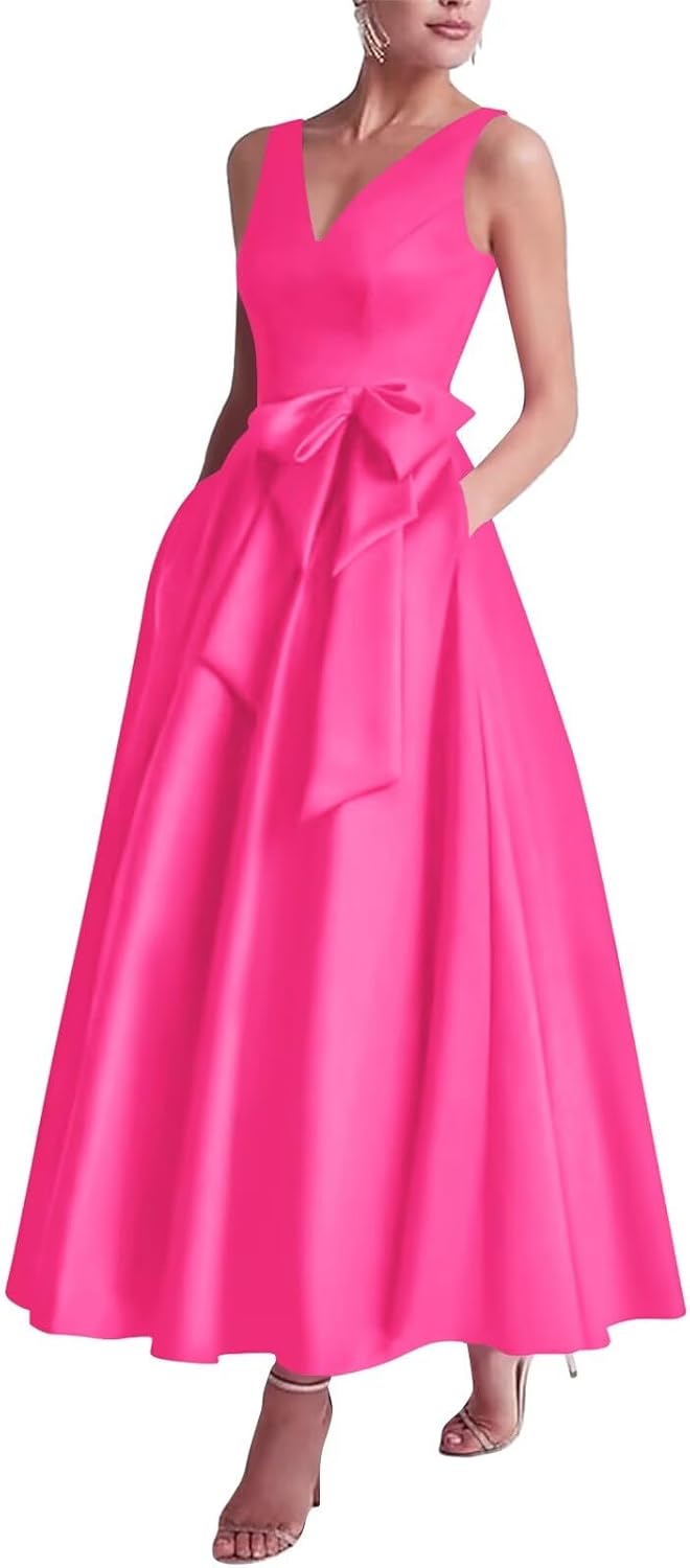 Satin Mother of The Bride Dresses with Bow V Neck A-Line Tea Length Formal Gowns