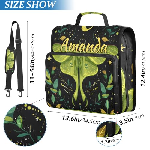 Image of Custom 3 Ring Zipper Binder Mystical Green Moon Moth Boho Personalized Name 1.5 inch Binders Large Capacity Multi Pockets for School Office Supplies
