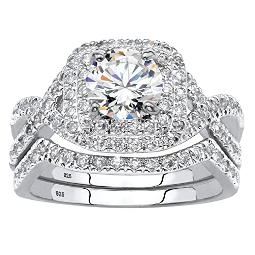 Palm Beach Jewelry Platinum over Sterling Silver Round Cubic Zirconia 2 Piece Crossover Halo Bridal Ring Set