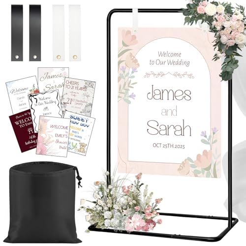 Jsngbse Adjustable Wedding Welcome Sign Stand, Welcome to Our Wedding Sign Holder Stand with 2 Pair Hanging Strap, Heavy Duty Metal Easel Stand for Sign Poster, Floor Standing Black Easels for Display