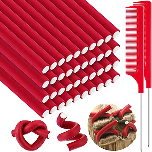40 Pieces Flexible Curling Rods Twist Foam Hair Rollers Soft Foam No Heat Hair Rods Rollers and 2 Pieces Steel Pintail Comb Rat Tail Comb for Women Girls Long and Short Hair (Red,0.55 x 9.4 Inch)
