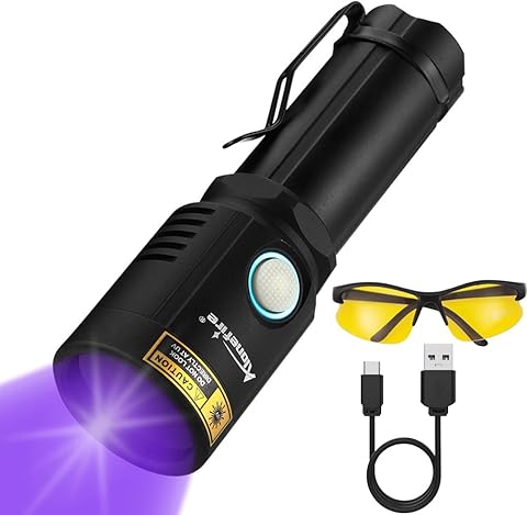 Alonefire X901UV 10W 365nm Linterna UV Profesional USB C Recargable Linterna Ultravioleta Potente Mascotas Orina Detector para Curado de Resina, Mancha seca con Gafas de Protección UV,Batería Incluida