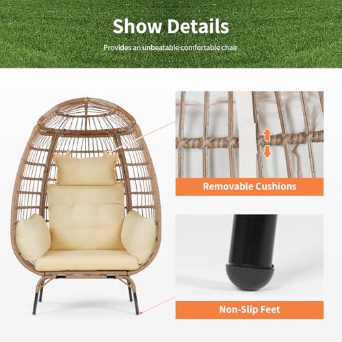 Image of Oversized Egg Chair Outdoor Wicker Egg Chair 352lbs Capacity Outdoor Lounge Chair All Weather PE Rattan Patio Chair with Removeable Thick Cushions for Patio Balcony Backyard Garden Indoor, White