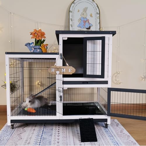FunXplore Rabbit Hutch Indoor Bunny Cage Outdoor with Urine Guards 2 Storey Mobile Guinea Pig Cage Weatherproof Asphalt Roof Wire Bottom 2 Trays