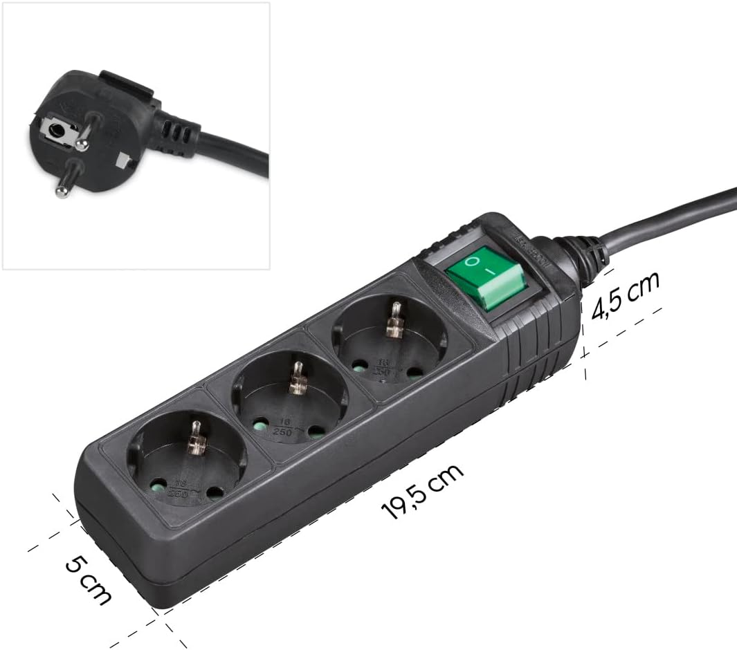 Hama - 3 Position Schuko Power Strip - Schuko Plug, 1.4 m Cable, Black, with Switch