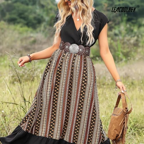 Image of LEACOOLKEY Women's Boho Disc Belt Wide Western Leather Belt Vintage Concho Waist Belts for Dress Jeans