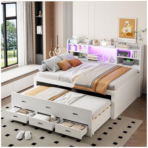 Wyibwy Sofá cama de 140 x 200 cm, cama de matrimonio, iluminación LED con mando a distancia, puerto USB + Type-C, 3 cajones, mesita de noche, camas extensibles, sin colchón, blanco