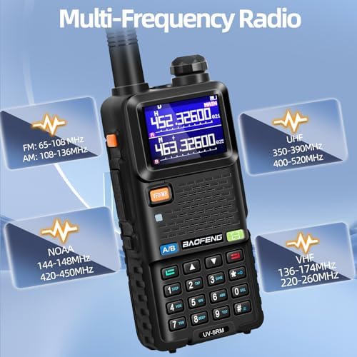BAOFENG UV-5RM radio displaying its multi-frequency radio capabilities across various bands: FM, AM, NOAA, UHF, and VHF.