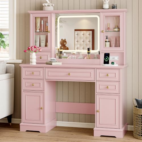 BORNOON Pink Vanity Desk with LED Mirror