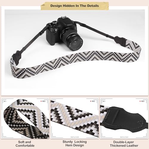Image of Universal Camera Strap - Camera Neck Strap, Adjustable Shoulder Straps Compatible with Canon, Fujifilm, Nikon, Olympus, Panasonic and other SLR and mirrorless cameras - Black White Gquares