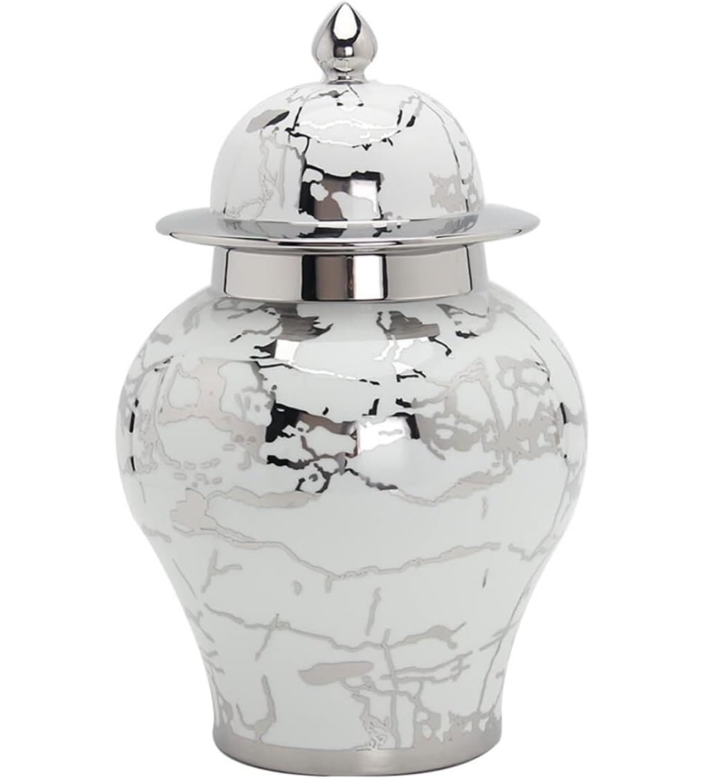 Habrur A Silver Ginger Jar With Lid - Decorative Ceramic Porcelain Temple Jar For Home Decor (Color: Size: 24.5*38Cm)