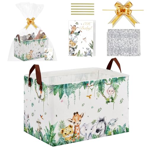 XHWZOF Jungle Animal Baby Gift Basket with Gift Bags, Greeting Card and Ribbons Girl Storage Diaper Bag Baskets for Gifts Empty Toy Bin with Handles for Baby Shower Birthday Party