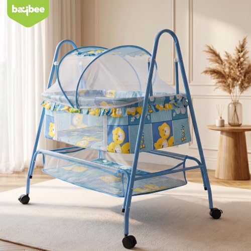 Image of BAYBEE Clora Baby Cradle and Swing with Mosquito Net | Jhula Palna for Newborns | 360 Rotating Lockable Wheels & Storage Basket | Blue