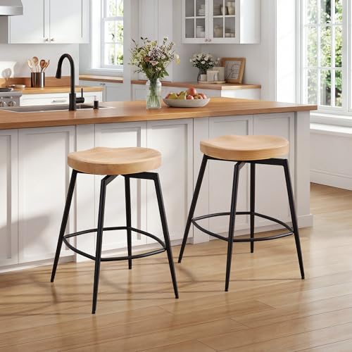 Image of 25 inch Swivel Backless Saddle Bar Stools Set of 2, Unstained Raw Wood | Solid Wood Saddle Seat with Metal Legs, Footrests and Non-Marking Feet for Kitchen Island