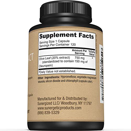 Image of Premium Olive Leaf Extract Capsules - Standardized To 20% Oleuropein - Super Strength Olive Leaf Exact Supplement Supports Immune System & Cardiovascular Health - 750mg Per Capsule - 120 Capsules
