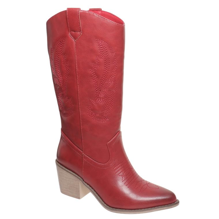 Pierre Dumas Womens Pointed Toe Embroidered Design Western Mid-Calf Cowboy Boots Low Chunky Block Heel Wilder-1