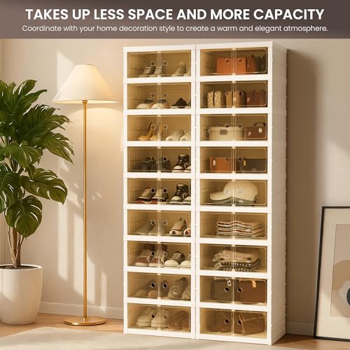 Image of Foldable Shoe Organizer Storage Box Set of 2, Portable Extra Large Folding Shoe Rack for Closet, Shoe Storage Box with Magnetic Transparent Door and Wheels, 9 Layers 18 Grids
