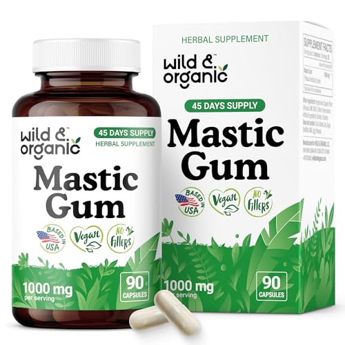 Wild & Organic Mastic Gum Capsules - 1000 mg Mastic Gum Supplement for Gut Support - 45 Days of Supply - 90 Vegan Resin Capsules - No Fillers, Non-GMO, Gluten-Free