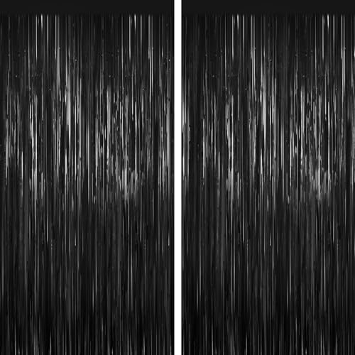 Black Tinsel Backdrop Foil Fringe Curtains - 2 Packs Door Streamers Backdrop for Birthday Door Decorations Party Supplies for Bachelorette Graduation Christmas Disco Decor