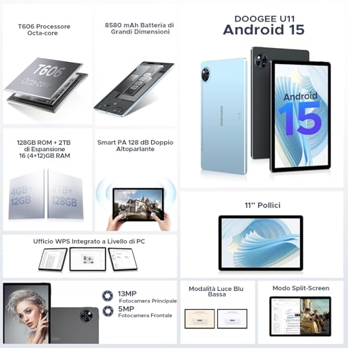 DOOGEE U11 Tablet Android 15 Ultimo, 11 Pollici IPS, 16GB+128GB/TF 2TB Octa-Core, 8580mAh Tablet PC 13MP+5MP Widevine L1 Tablet in Offerta, Dual Speakers, 90HZ/ OTG/WiFi 5G/ Face Unlock/ BT5.0 Grigio - 8