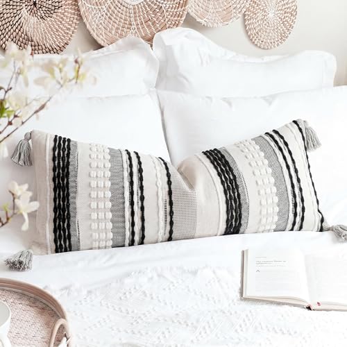 NUYECY Chenille and Cotton Long Pillow for Bed, Striped Textured Boho Lumbar Throw Pillow Cover 14x36, Neutral Accent Decorative Extra Long Body Pillow Case for Couch, Sofa, Bedroom, Black and White