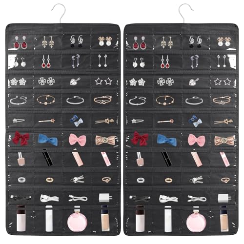 SAVORLIVING Hanging Jewelry Organizer, Dual Sided Closet Earring Storage with Hanger