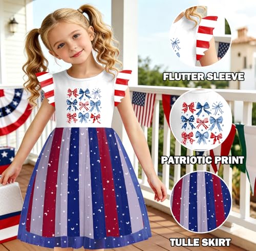 Image of Girls 4th of July Dress American Patriotic Outfit USA Independence Day Clothes Flutter Sleeve Tulle Tutu Dress 5-14y