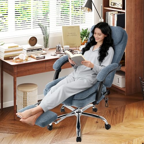 Image of 500LBS Massage Office Chair, Reclining 6 Points Vibration and Heat Desk Chair with Foot Rest, Ergonomic Executive Office Chairs, Comfy Wider & Thicker Seat, Big and Tall Gaming Chair, Fabric Blue