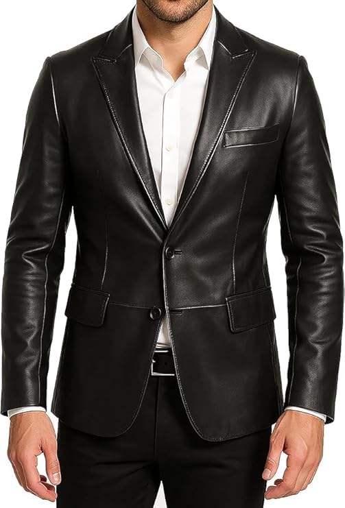 chava Men's Genuine Leather Blazer, Black, Regular Fit, Notch Lapel, Long Sleeve, Smart Casual Style-picture-39