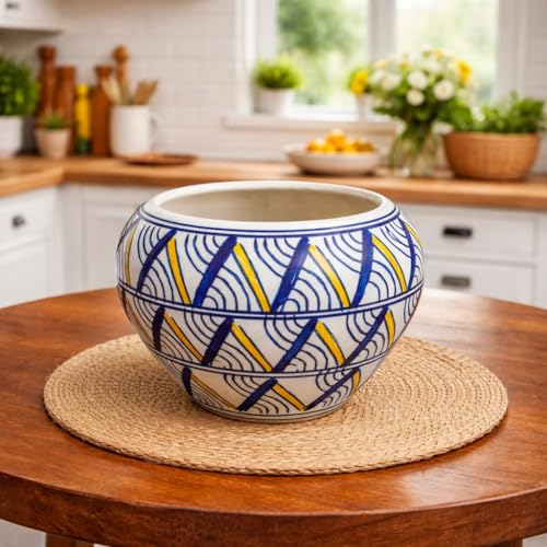 Image of Niyara Hand-Painted Ceramic Flower Pot | Blue & Yellow Geometric Bowl Planter | Decorative Indoor Outdoor Plant Pot for Home, Table & Balcony Decor