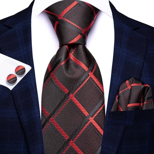 Image of Dubulle Mens Black Red Checks Tie and Lapel Pin Striped Floral Necktie for Men Pocket Square Cufflinks Wedding Party