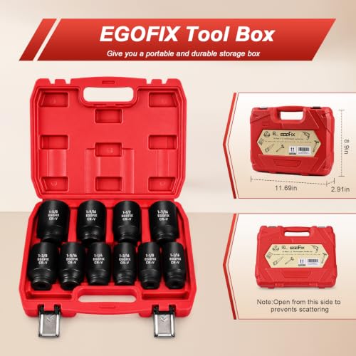 Image of 1 /2 inch Impact Axle Nut Socket Set 10 Pieces, Drive Deep CR-MO 6 Point (1-1 /16 inch to 1-5 /8 inch) SAE Sockets, for Auto Repairing and Household, with Storage Box