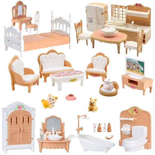 36Pcs Dollhouse Furniture Set,Miniature 1:12 Scale Dolls House Accessories with Cat,Dog,Kitchen, Dining Room, Living Room,Bedroom for Playhouse...