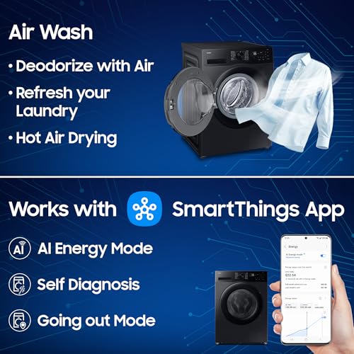 Image of Samsung 12 kg (Wash) / 7 kg (Dry), 5 Star, AI EcoBubble, AI Energy Mode, Air Wash, Super Speed, Hygiene Steam, Wi-Fi, Digital Inverter, Fully-Automatic Front Load Washer Dryer (WD12FG5B34BBTL, Black)