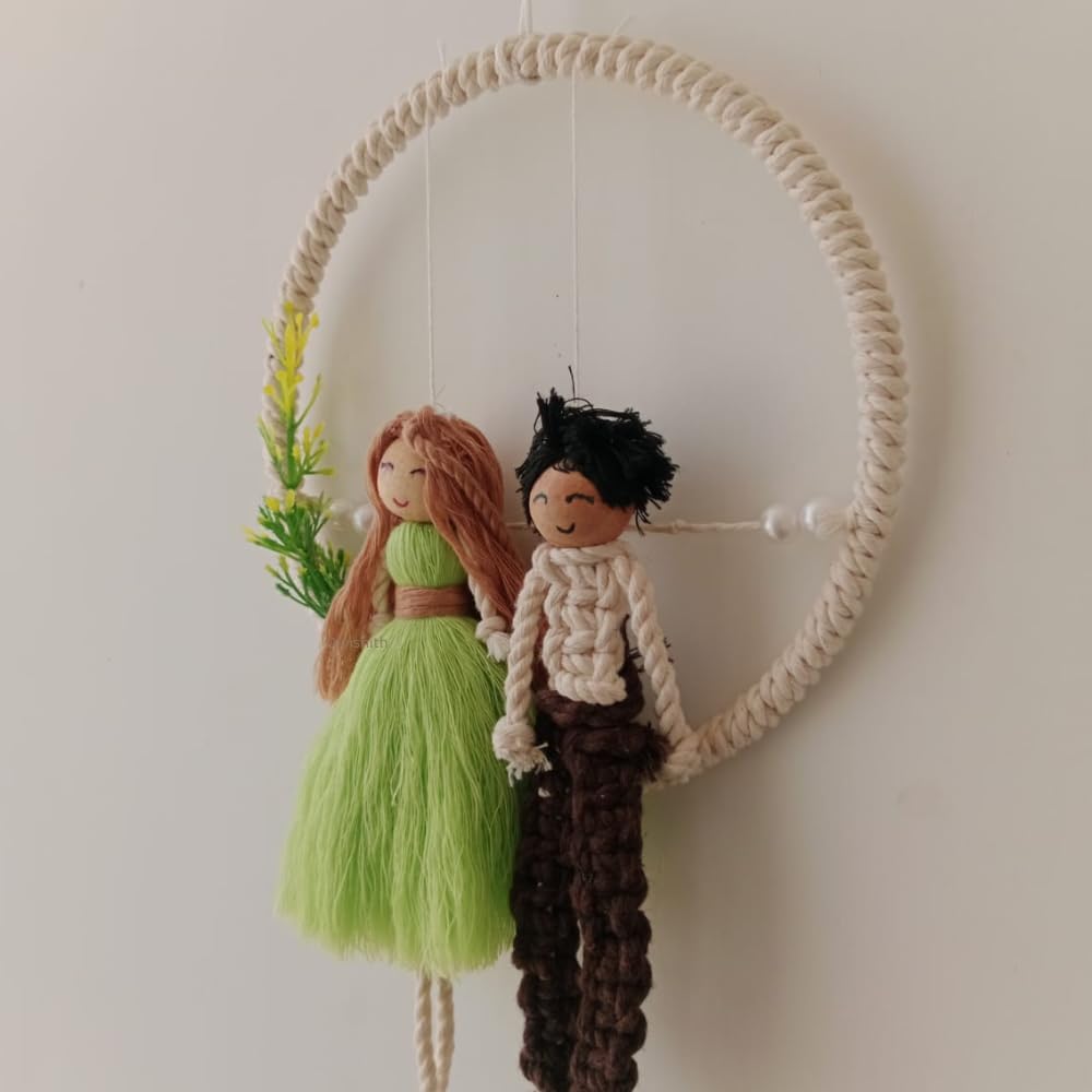 Divishith Craft Romantic Love Couple for Wall Hanging 2 Macrame Doll Cotton Ring Handmade Macrame Doll Wall Hanging for Gift Husband and Wife Girlfriend Boyfriend -Home Decor Items (Green)-image-42