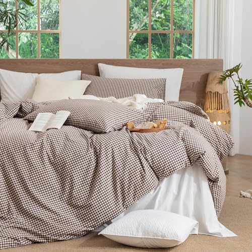 Image of MooMee Gingham Duvet Cover Set 100% Washed Cotton Linen Like King | Relaxed Linen-like Texture. Soft, Breathable & Long-lasting Comfort. Lightweight. Hidden Zipper with 8 Interior Corner Ties