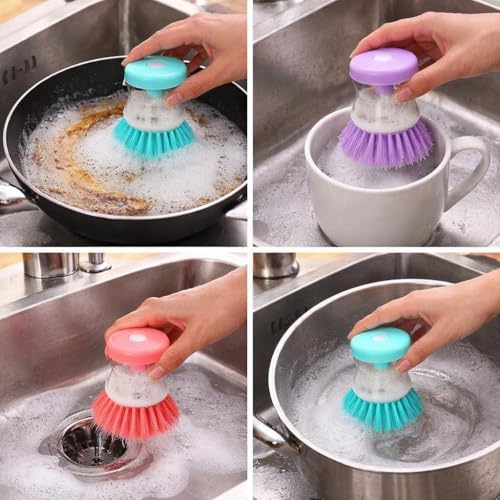 Image of Dish Scrub Brush with Soap Dispenser | Liquid Filling Kitchen Scrubber | Easy Press Cleaning Brush for Utensils | Sink & Home Use Pack of 4
