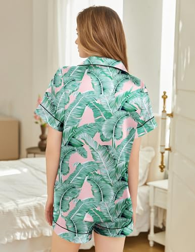 Image of Silk Pajamas for Women Short Sleeve Sleepwear Soft Button Down Loungewear 2 Piece Satin Pjs Shorts Set S-XXL