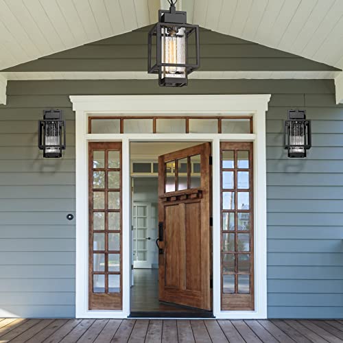 Gooray Outdoor Pendant Light Fixture, Outdoor Pendant Lights For Porch, Exterior Hanging Light Fixtures, Hanging Lights Outside House In Sand Black Finish With Bubble Glass Lamp Shade #TOP4