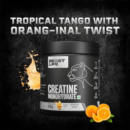 Image of BeastLife Micronised Creatine Monohydrate with Free Shaker | 319 g | 86 Servings | Tropical Tango | NABL Lab Tested | Rapid Absorption for Muscle Strength & Athletic Performance | Super Micronised Creatine Powder