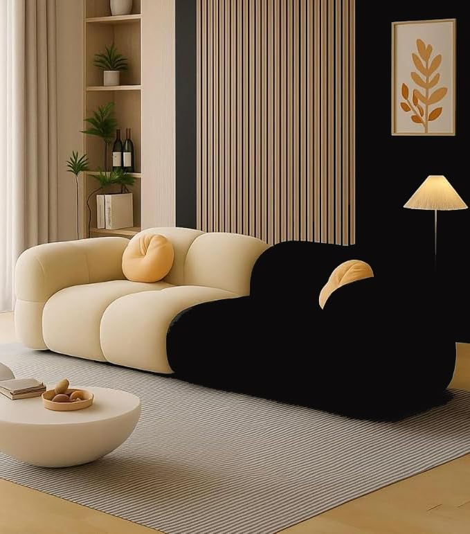 Image of CRAFTCITY Pumpkin Style Wooden Sofa | Contemporary Wool Sofa with Swen Pillow Back for Living Room (Black & Beige, 3 Seater)