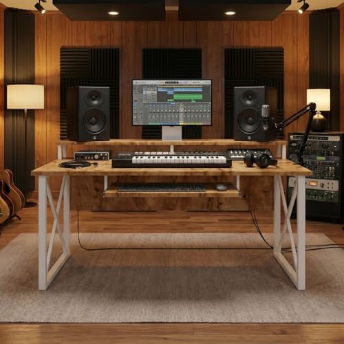 Image of FFO Music Studio Desk | Music Studio Desk with Keyboard Tray | Workstation,Laptop PC Computer, Music Instrument Table for Music Producers | (150L x 60W x 87H CM) | DIY White and Coach Wood
