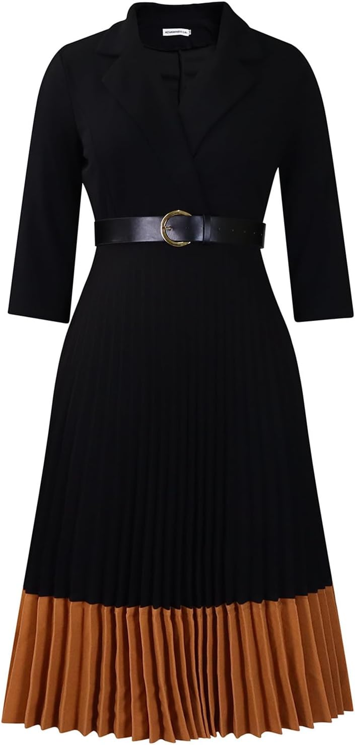 Women's 3/4 Sleeve Pleated Dress Midi Dress with Belt V Neck Business Elegant Dresses Formal Lady Dress