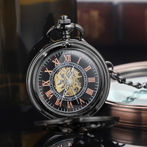 Image of Hand Winding Hollow Roman Numerals Mechanical Pocket Watch Steampunk Mens Watches
